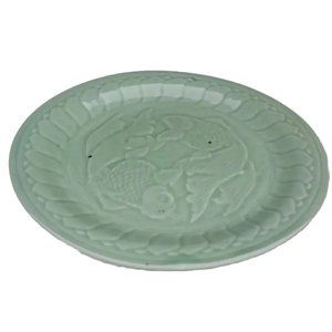 Vtg Chinese Longquan Celadon Green Koi Fish Dinner Plate Yin Yang Pottery 10”